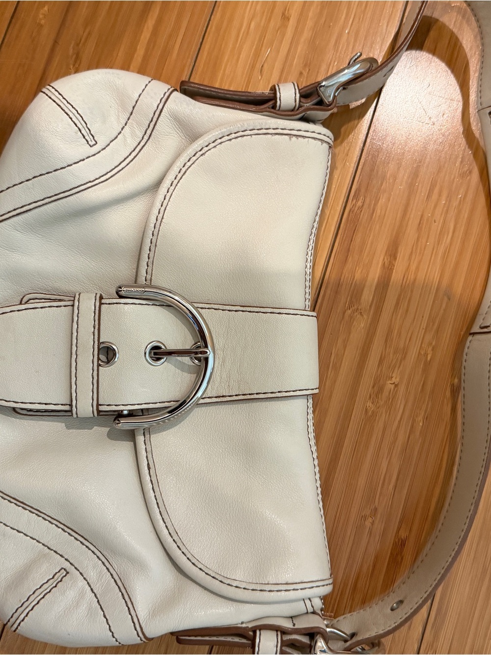 Coach Cream Leather Shoulder Bag with Silver Buckle